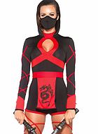 Kvinnlig ninja (aka kunoichi), maskerad-romper med förkläde, nyckelhål och huva